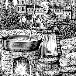 Grabado en blanco y negro de un monje preparando cerveza. Cerveza receta antigua medieval edad media antigüedad monasterio 