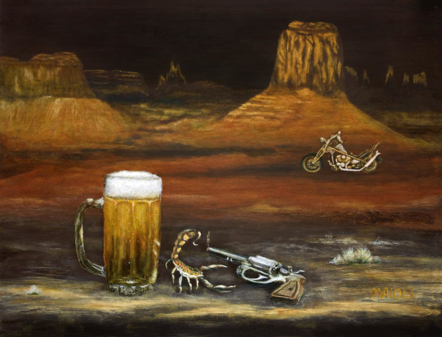 Tarro cerveza cheve chela desierto alacrán escorpión insecto arácnido montañas camino motocicleta moto transporte pistola arma de fuego obra pintura cuadro arte