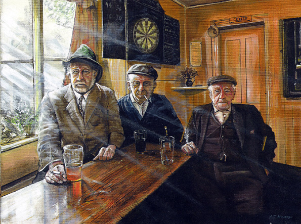 Ancianos en un bar pub cantina viejitos vejetes viejos ancianitos sombreros ingleses luz reflejo bebiendo cerveza fumando cheve chela arte pintura obra cuadro
