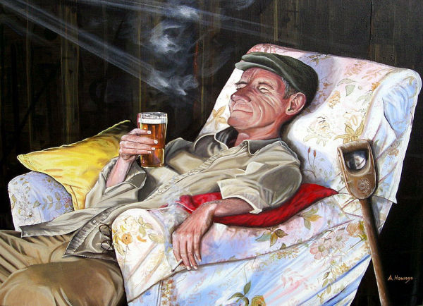 Cheve chela cerveza relajación descanso vaso humo cigarrillo cigarro tabaco sillón sueño break pala pintura cuadro obra arte