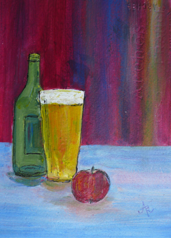 Cerveza cheve chela servida en vaso botella de fondo con manzana decisiones elección pintura cuadro obra arte