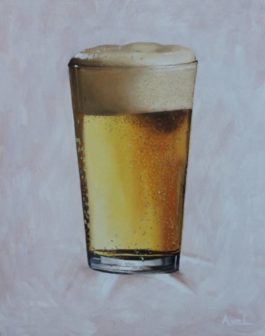 Cheve chela cerveza vaso espuma frío fría helada vaso realismo hiperrealismo realista fonod blanco luz sudor pintura obra cuadro arte