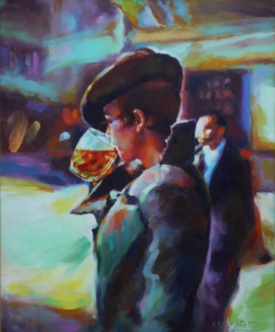 Cheve chela cerveza obra pintura cuadro arte bebiendo cerveza beber tomar mujer dama fémina sombrero abrigo gabardina frío expresivo colorido