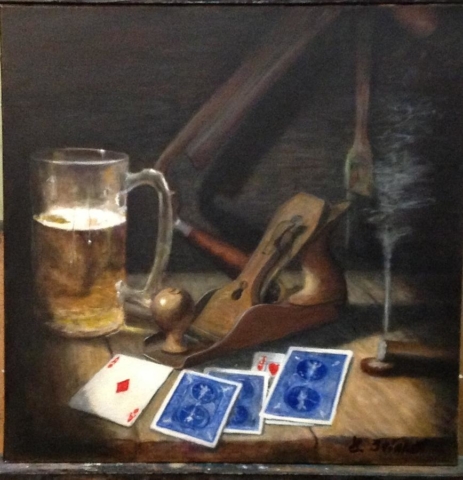 Tarro cerveza cheve chela puro tabaco humo cartas juego vicios as diamantes bicycle hombre vicioso obra pintura cuadro arte