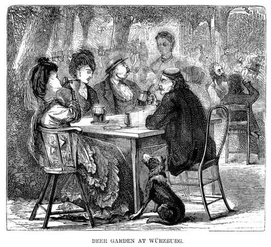 Grabado cerveza jardín de cerveza perro bebida mujeres alta clase aristocracia