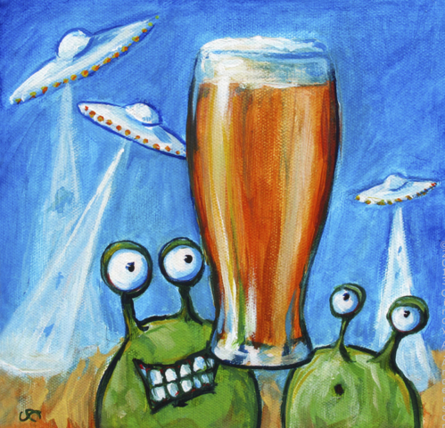 Cerveza pintura parodia alienígenas extraterrestres disfrutando cerveza cheve chela en vaso