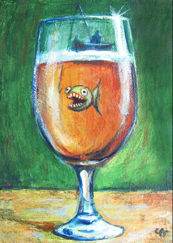 Piraña en cerveza cheve chela anzuelo pescador canoa lancha