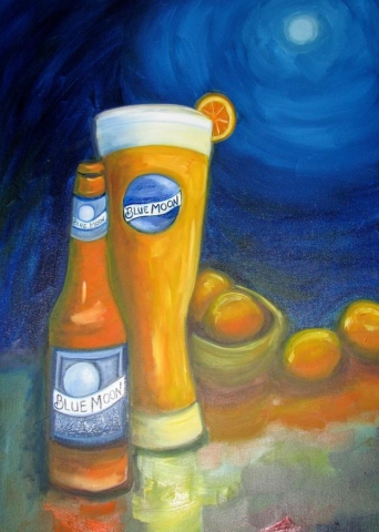 Cheve chela cerveza vaso cervida con naranja naranjas rodaja refrescante fresca noche luna azul nocturna bebida vaso botella servida espuma obra pintura cuadro arte