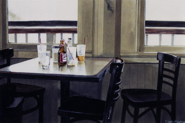 Cheve chela cerveza cafetería mesa vacía sillas malteada refresco cheve chela arte obra cuadro pintura