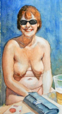 Mujer desnuda bebiendo cerveza con las tetas caídas pero feliz con lentes oscuros cheve chela en vaso está fría arte cuadro pintura obra