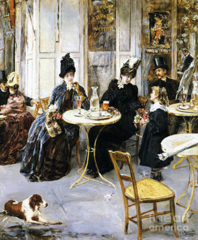 Bebiendo cerveza en el bar y comprando flores mujeres clase alta aristocracia perro pintura sombrerote sombrero vestidos época victoriana cheve chela vasos