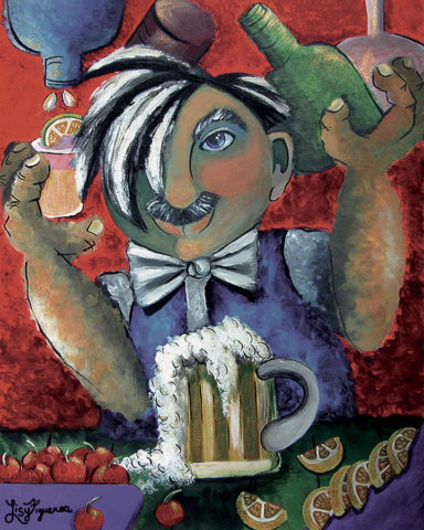 Bartender sirviendo cerveza cheve chela espuma espumosa derramada derramar shot caballito roadajas naranja cerezas bigotes ojo color pintura cuadro obra arte