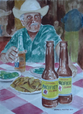 Pintura cuadro obra arte pacífico cheve chela cerveza botana taquitos tacos totopos fiesta sombrero bigotón bigote corona cheve extra chela botellas botellas fiesta festejo celebración mantel cuadros camisa silueta viejo anciano