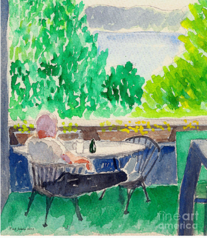 Pintura hombre relajado contemplando el ambiente anciano viejo calvo cheve chela cerveza pies arriba verde arte artista