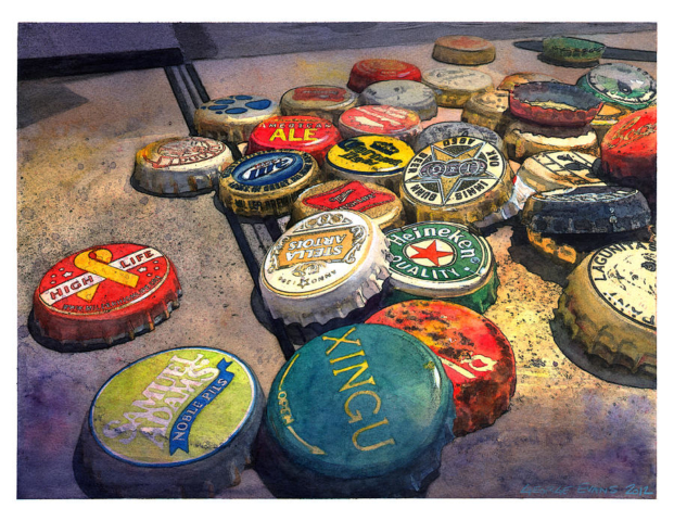Pintura cuadro arte obra corcholatas tapón corona diferentes marcas tiradas en el suelo realista