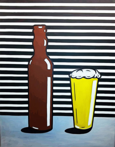 Cheve chela cerveza botella vaso espumoso amarillo café luz contraste lineas blanca y negras arte obra pintura cuadro