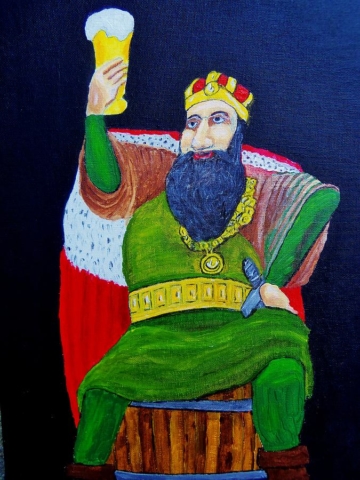 Rey de la cerveza barba vaso analizando su cerveza espumosa cheve chela panzón barbón