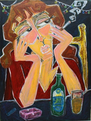 Mujer tomando cerveza bebiendo consumiendo alcohol y drogas fumando fumar tomar beber cerveza cheve chela tabaco cigarro cigarrillo depresión tristeza melancolía pesar pesadumbre añoranza saudade obra pintura cuadro arte reflejo sentimientos