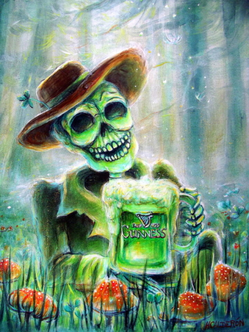 Cerveza verde guinness tarro espumoso espuma sombrero shamrock trebol cuatro calavera calaca flaca la muerte día de muertos día de san patricio hongos neblina bosque