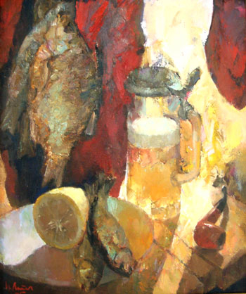 Cheve chela cerveza pescado peces naranja fruta pipa tabaco mesa pintura cuadro obra arte