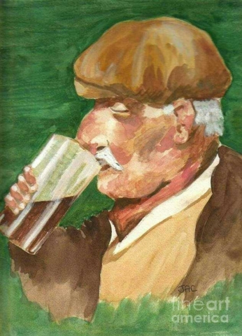 Cheve chela cerveza beber bebiendo tomar tomando bigote amor felicidad viejo anciano boina pintura obra cuadro arte