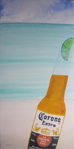 Cheve chela cerveza corona extra playa arena mar limón vacaciones modelo méxico y el mundo vacaciones vacacionar relajar relax descanso pintura cuado obra arte
