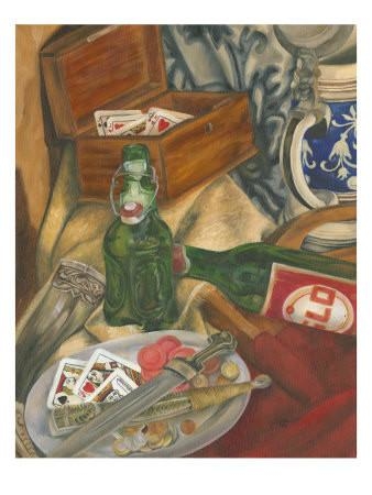 Cheve chela cerveza fiesta festejo after vicio vicios botellas juegos de azar mesa cartas cuchillos dagas manteles tarros vasos monedas fichas arte pecado cuadro perdición obra infierno pintura diablo