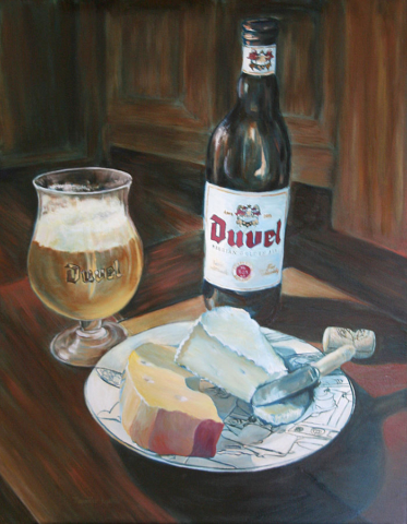 Cerveza cheve chela servida en copa chingona botella queso quesos plato mesa comida alimento nutrición nutritivo obra pintura arte cuadro espuma espumosa