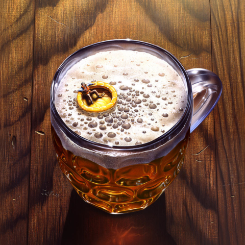 Pintura arte cerveza sobreviviente naufrago en un tarro de cheve chela alcohol espumosa madera