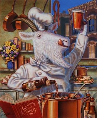 Cheve chela cerveza cabra cocinera receta chef antropomórfico antropomórfica cheve chela botella vaso cocina libro olla asado estofado pintura cuadro obra arte