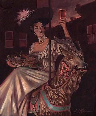 Cheve chela cerveza mujer hermosa sobre una cabra con un plato de comida bandeja de salchichas collar sombrero y un vaso de cerveza cabra gótica elegante noche rosa poster anuncio publicidad bock festival festejo elegando galante