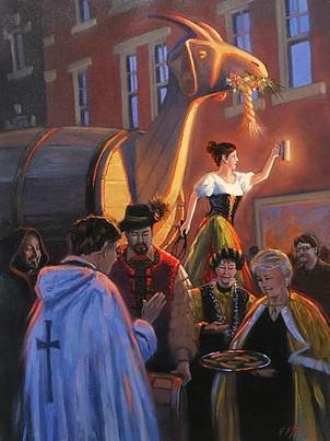 Cheve chela cerveza obra arte pintura cuadro monje religión cruz cabra gigante barril mesera brindando tarro cheve festival celebración desfile