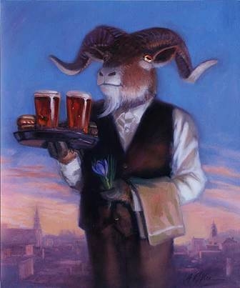 Cheve chela cerveza vaso mesero cabra loca cantina flor ciudad de fondo siluetas cielo azul obra pintura cuadro arte bock festival festejo celebración