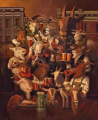 Cheve chela cerveza cabras muchas cabras comiendo bailando vestidas tarros cerveza festival festejo poster anuncio aviso obra pintura cuadro arte