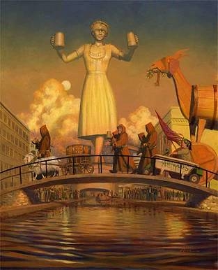 Festival festejo puente río cruzando cruzar cabra gigante coloso mujer con tarros nubes cabra caravana desfile monjes hábitos cheve chela cerveza obra pintura cuadro bock estilo póster anuncio publicidad