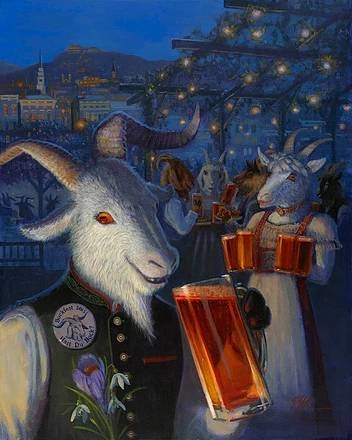 Cheve chela cerveza cabras cabra hembra cabra macho tarros cerveza cheve cabras de fondo cuernos vestidos trajes típicos flores sonrisa diabólica perversa miedo obra pintura cuadro arte