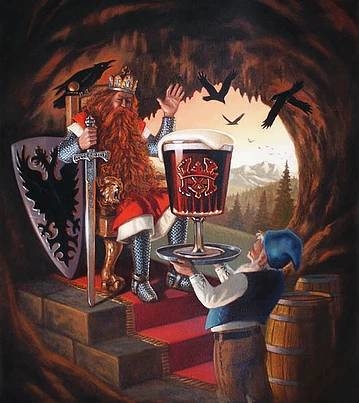Cheve chela cerveza gigante para el rej barbón barba barbaroja escudo espada barril cueva cuervos corona caballero duende rey trono alfombra bosque obra pintura cuadro arte marca anuncio publicidad poster aviso