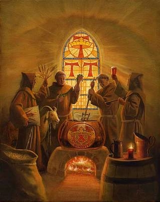 Cerveza cheve chela monjes preparación marca publicidad anuncia poster cabra cebada cheve chela jarra caldera vaso luz vitral tragaluz fuego lumbre fogata obra pintura cuadro arte