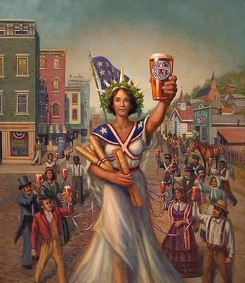 Cheve chela cerveza marca publicidad anuncio aviso libertad brindando todos con su cheve arriba al cielo publicidad obra arte pintura