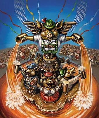 Cheve chela cerveza octubre festival cerdos puercos puerquitos chanchos marranos bebiendo cerveza fuente cheve chela alado vestidos antropomórficos pintura cuadro arte obra publicidad marca aviso anuncio etiqueta
