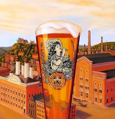 Cheve chela cerveza publicidad obra cuadro arte pintura anuncio cartel cheve grabado mujer bebiendo cerveza espuma gigante con la ciudad de fondo