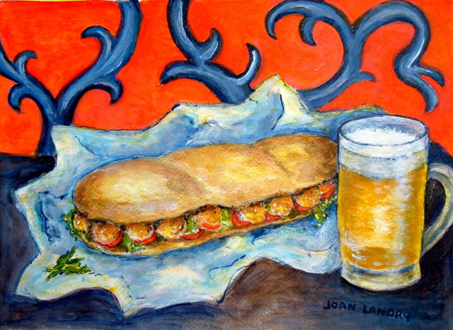 Comida y bebida submarine sandwich baguette y cheve chela cerveza tarro hambre hambriento comida alimento cuadro obra pintura arte