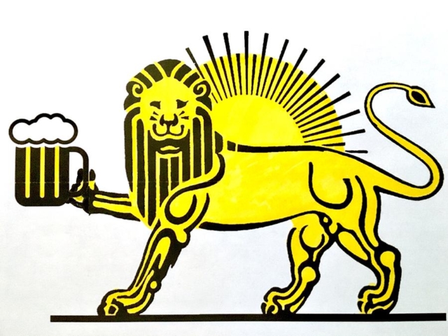 Bandera cerveza león sol áfrica cheve chela tarro espumoso grabado dibujo obra arte pintura