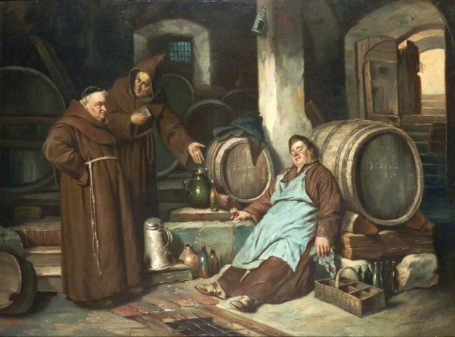Cerveza cheve chela monjes bodega almacén borracho dormido pedo pisto hábito alcohólico pintura cuadro obra arte
