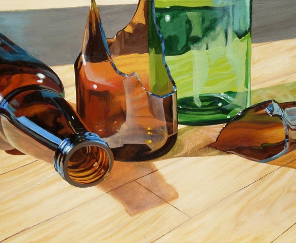 Botellas rotas quebradas pedazos cortantes realista realismo cheve chela cerveza obra pintura cuadro arte transparente colores café verde