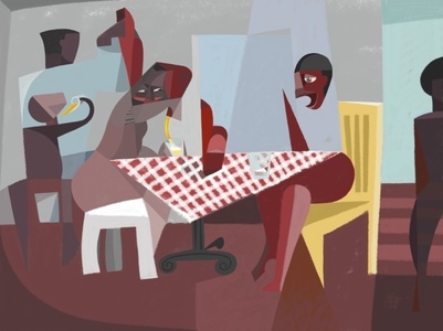 Cheve chela cerveza bar antro pub cantina restaurante taverna tugurio mesa mantel silla cerveza cheve chela obra pintura cuadro arte moderno cubismo