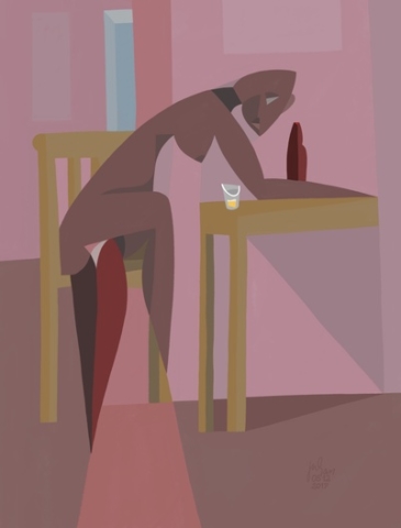 Mujer triste en el bar con una botella de cerveza y un shot caballito cheve chela silla mesa morado abstracto cubista moderno obra arte pintura cuadro