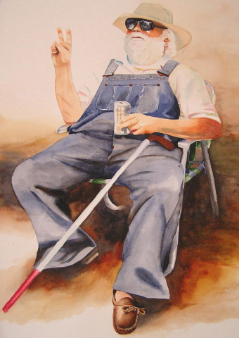 Cheve chela cerveza lata viejo anciano barbado barba barbón amor y paz sombrero vejete lentes de sol bastón overol zapatos sentado descansando relajado relajación adorando al sol saludo al sol obra pintura cuado arte