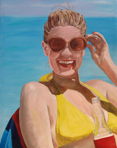 Brindis botella cheve chela cerveza playa mar arena traje de baño bikini lentes oscuros vacaciones relax relajación obra pintura cuadro arte