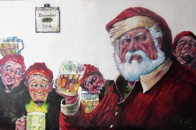 Cheve chela cerveza santa clos santa claus navidad navideño celebración festejo duendes borrachos ebrios pedos tarros furia barba enojo cansancio pintura cuadro obra arte